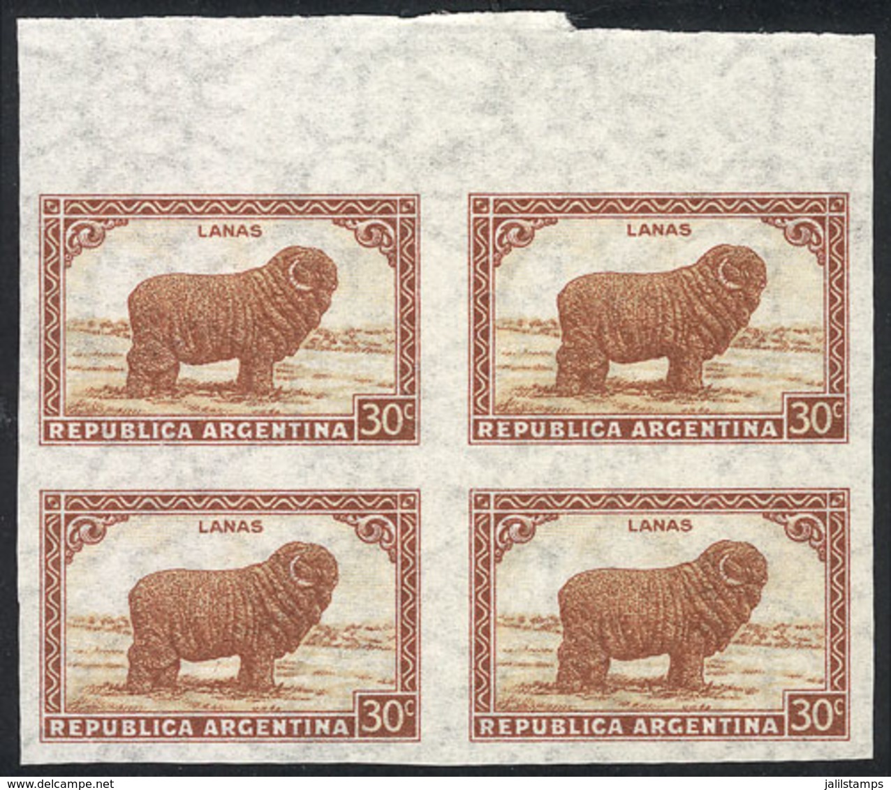ARGENTINA: GJ.788P, 30c. Wool, Straight Rays Wmk, Imperforate Block Of 4 With Sheet Margin, MNH - Autres & Non Classés