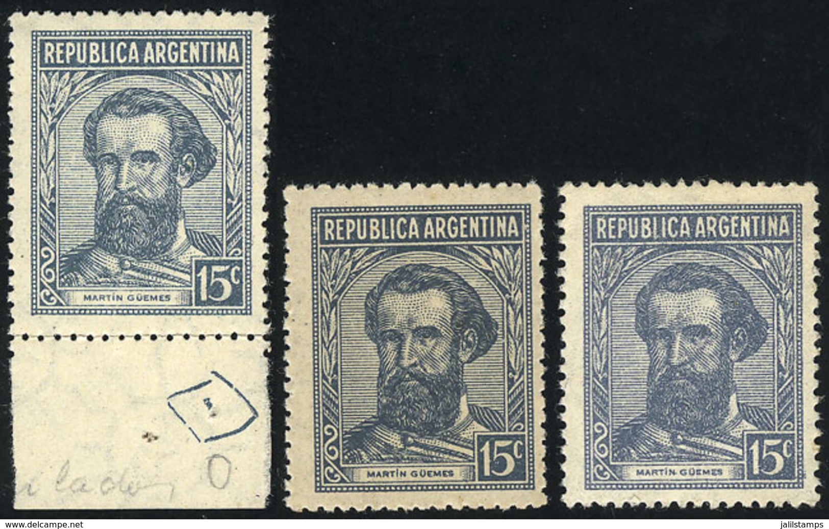 ARGENTINA: GJ.872 + 883b + 892, Güemes 15c., On Importend Unsurfaced Paper (hinge Mark), With Clear Straight Rays And Un - Other & Unclassified