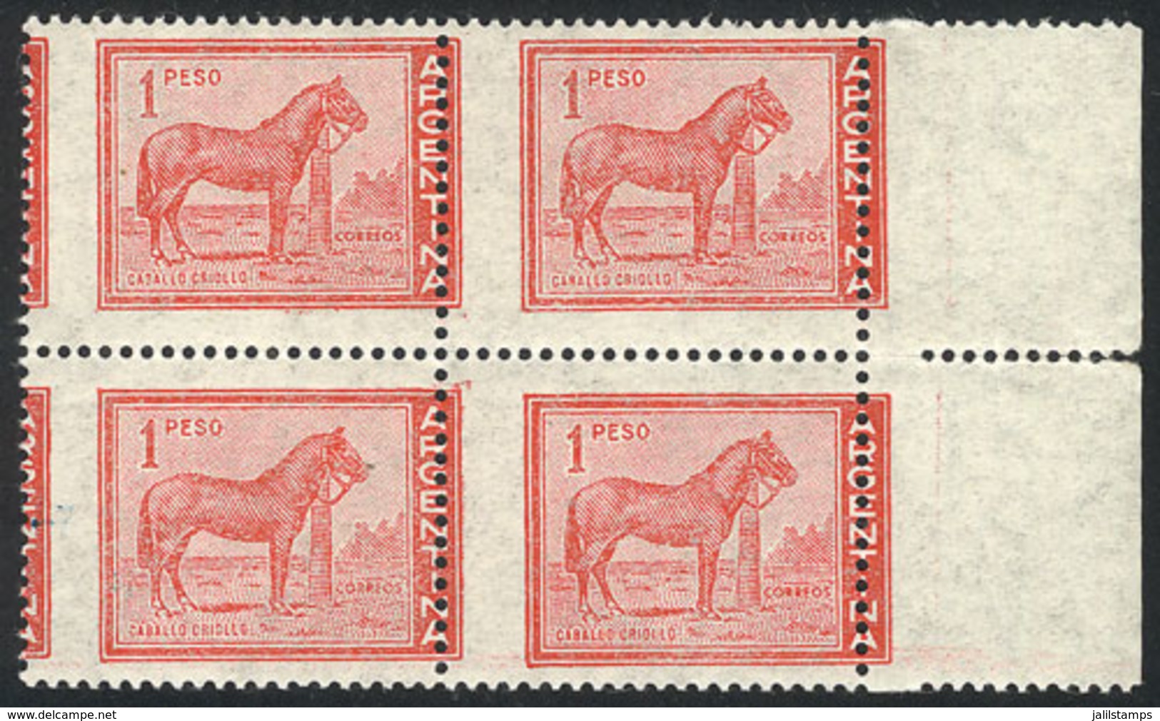 ARGENTINA: GJ.1127, 1P. Horse, Marginal Block Of 4, With Variety: Shifted Vertical Perforation, VF Quality - Altri & Non Classificati