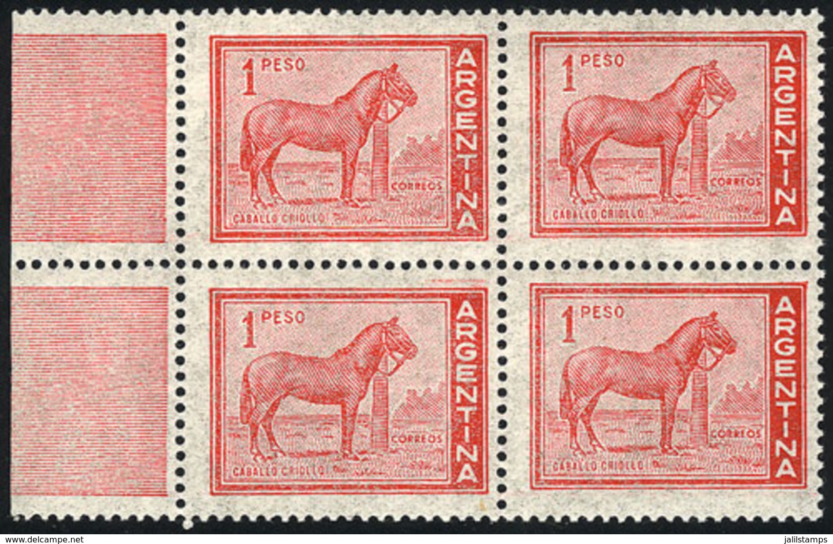 ARGENTINA: GJ.1127a, Horse 1P., Block Of 4 With Decorated Sheet Margin, INVISIBLE WATERMARK Variety, VF Quality - Andere & Zonder Classificatie