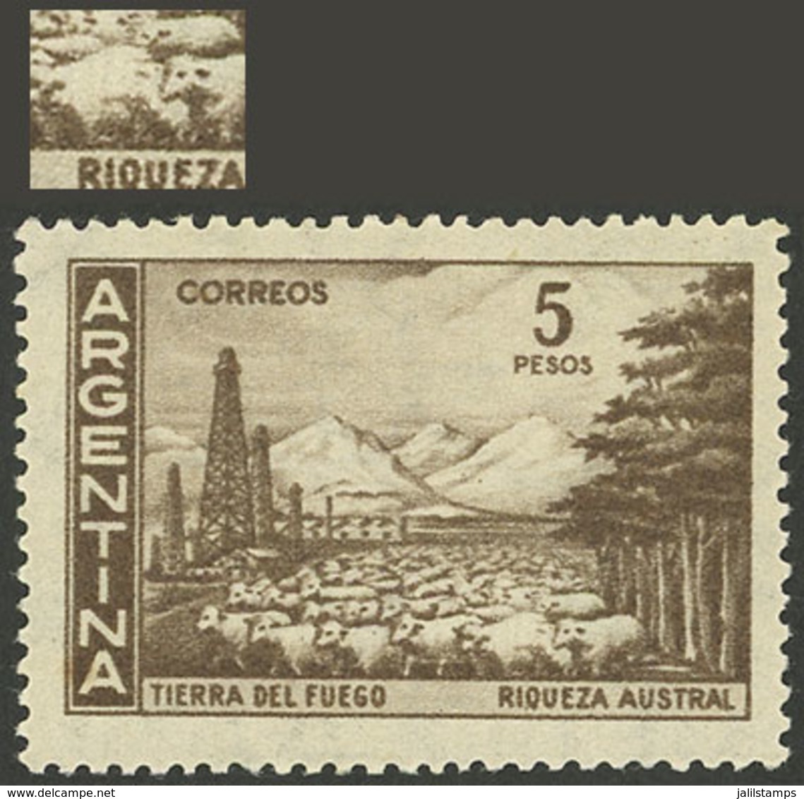 ARGENTINA: GJ.1140, 5P. Tierra Del Fuego, With Variety: Sheep On The First Row "blurred Out", Unused, Without Gum, VF" - Autres & Non Classés