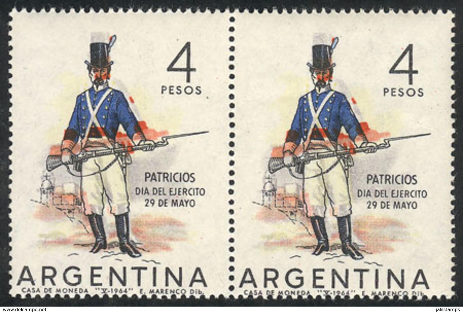 ARGENTINA: GJ.1279, 4P. Army Day, Pair With Variety: Black Color Shifted, VF Quality - Altri & Non Classificati