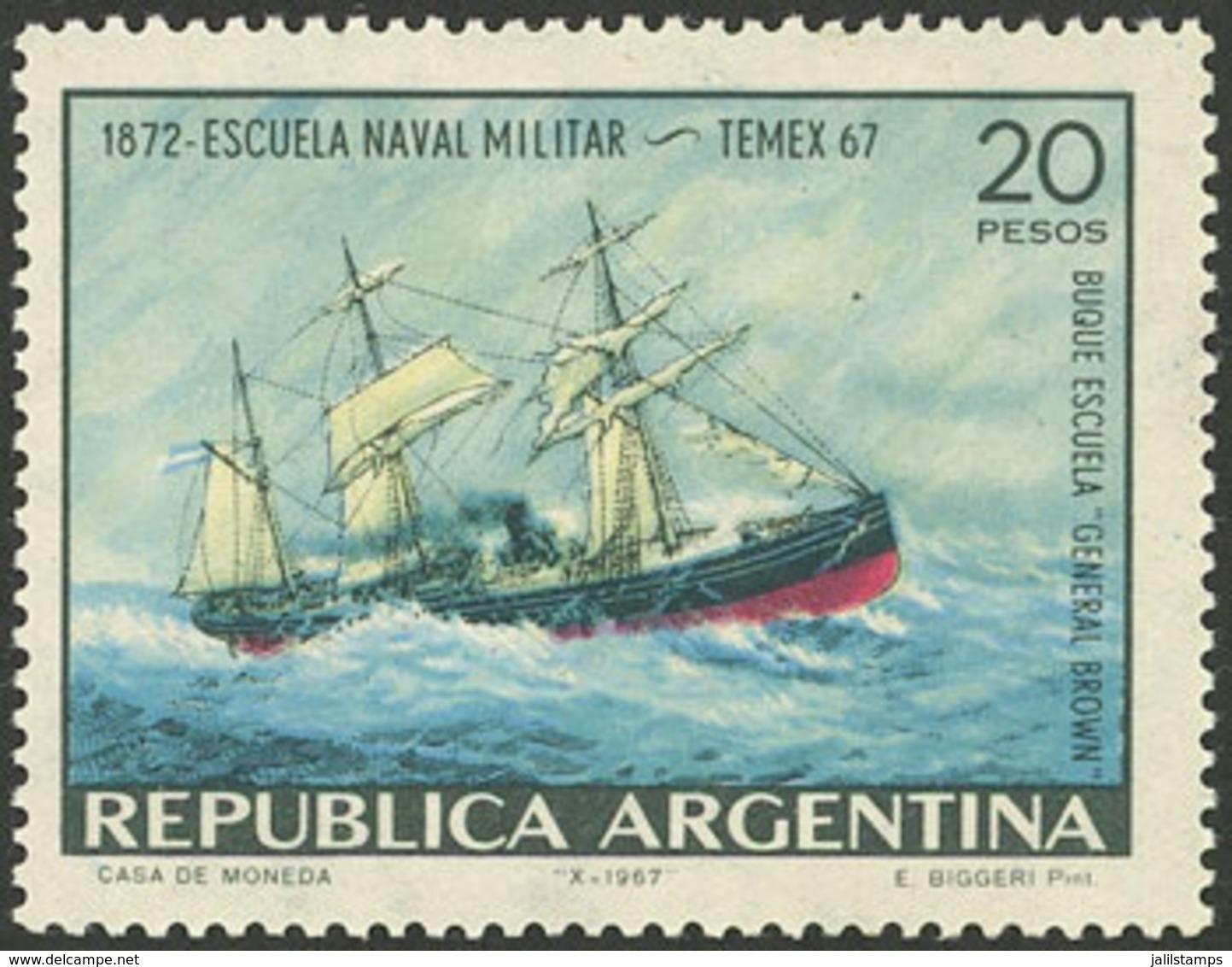 ARGENTINA: GJ.1424a, 20P. Naval School - TEMEX 67, With Variety: Green Sky, VF Quality - Other & Unclassified