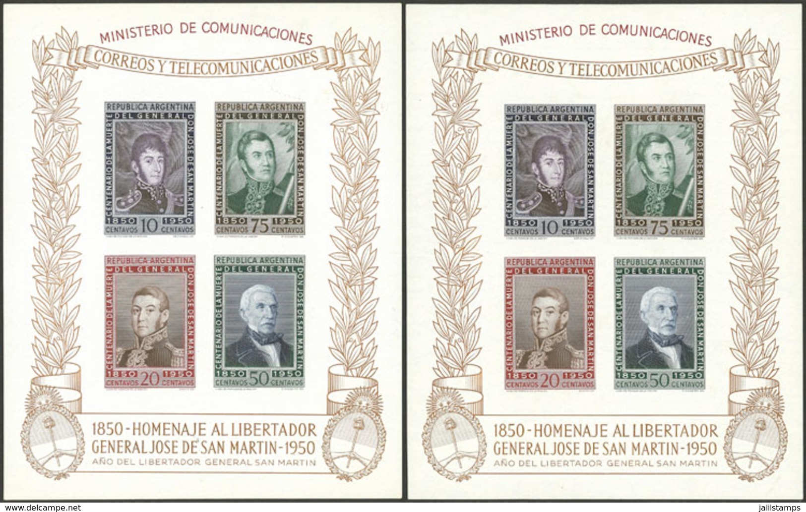 ARGENTINA: GJ.HB 13, San Martín Centenary, On Chalky Paper And On Semi-unsurfaced Paper (rare!), VF - Blocs-feuillets