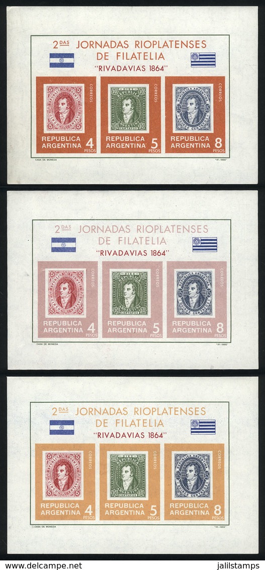 ARGENTINA: GJ.HB 20, River Plate Philatelic Meeting, 3 Trial Color Proofs In Dark Orange, Lilac Violet And Light Orange, - Blocs-feuillets