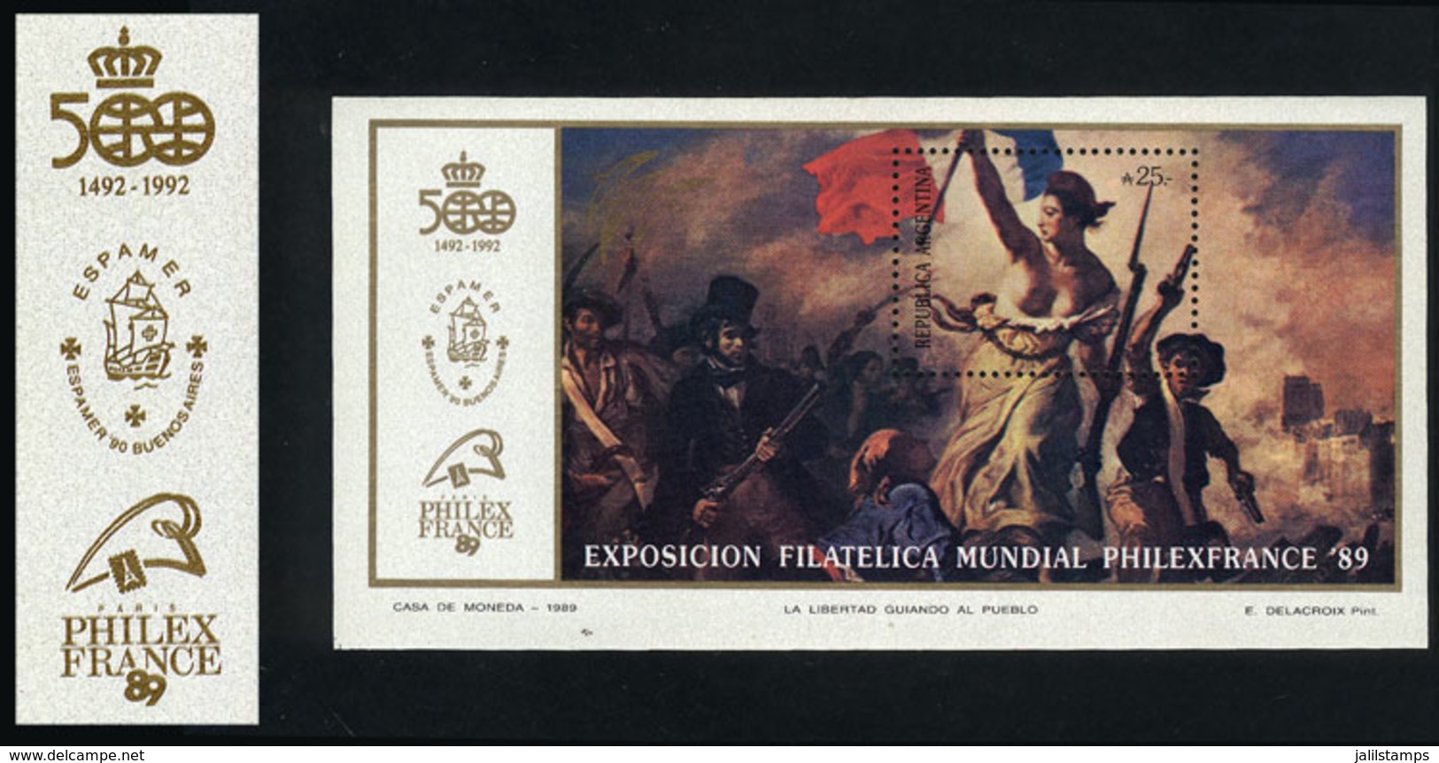 ARGENTINA: GJ.HB 78a, French Revolution 200 Years, Souvenir Sheet With DOUBLE IMPRESSION OF GOLDEN COLOR, VF Quality - Hojas Bloque