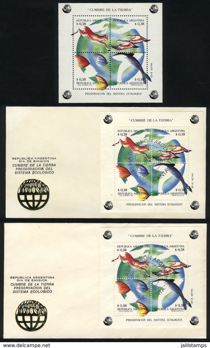 ARGENTINA: GJ.HB 101, Earth Summit, Souvenir Sheet + S.sheet On FDC + S.sheet On A First Day Card, VF Quality - Hojas Bloque