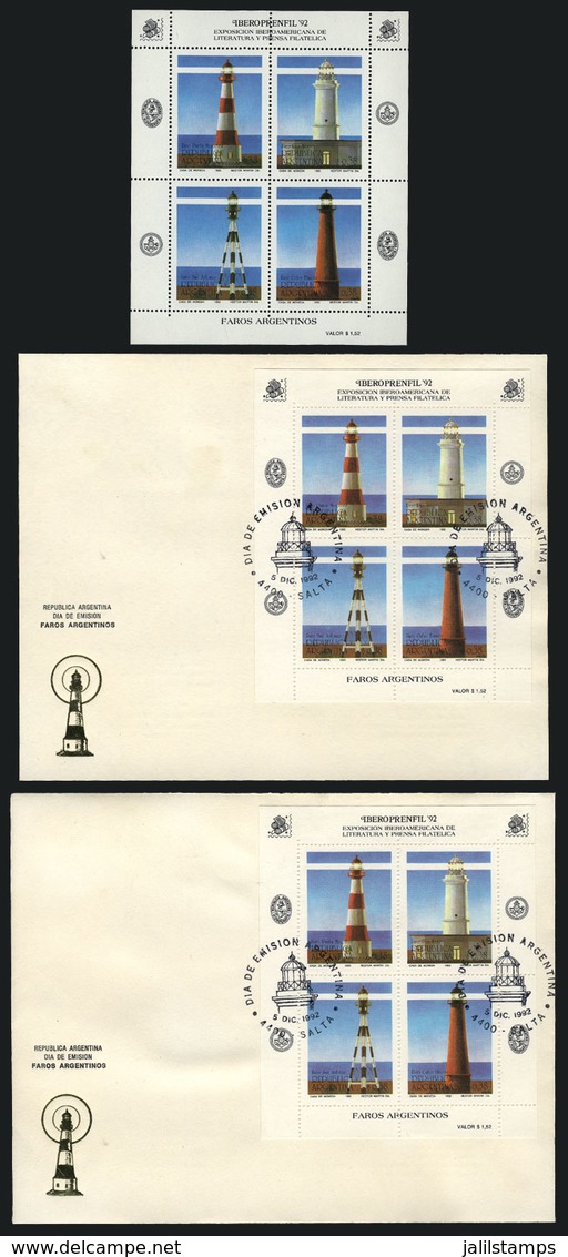 ARGENTINA: GJ.HB 102, Lighthouses I, Souvenir Sheet Mint + Used On First Day Cover And Card, VF Quality - Blocs-feuillets