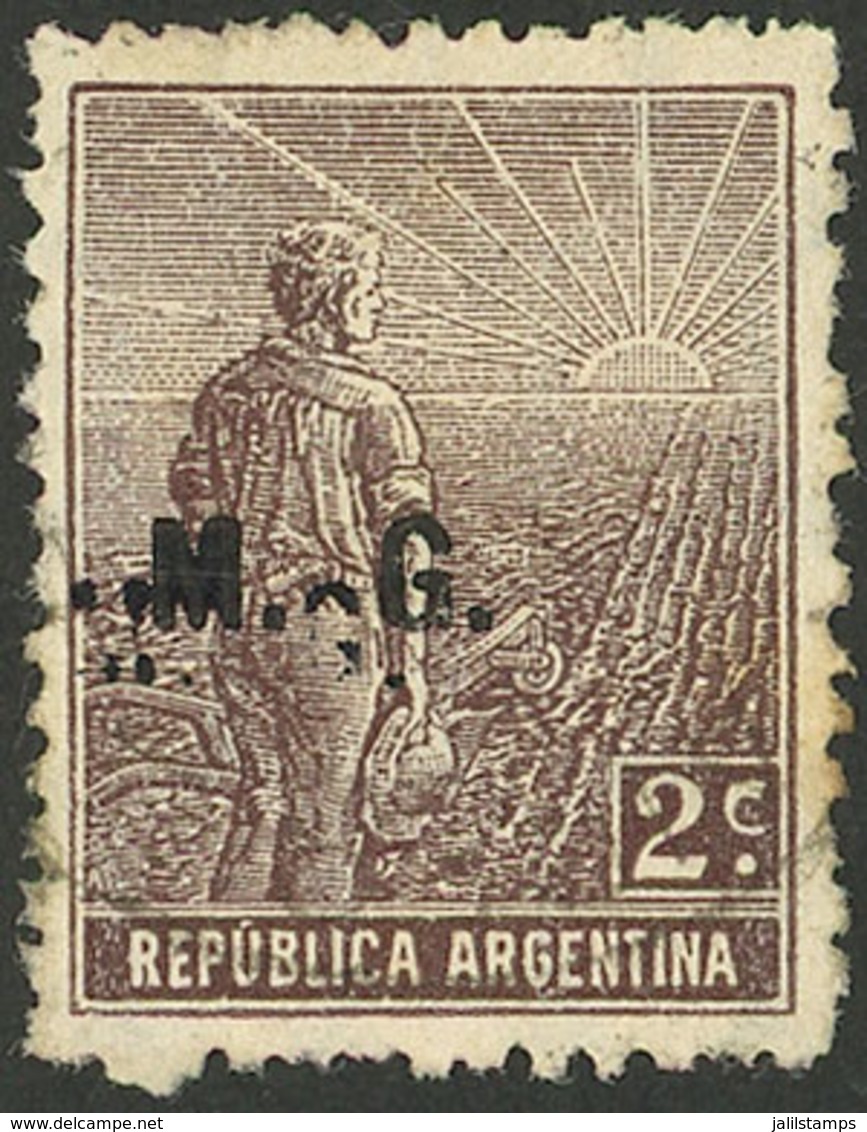 ARGENTINA: GJ.124, 2c. Plowman, "M.G." Ovpt., German Paper With Vertical Honeycomb Wmk, With Double Overprint Var., Used - Service