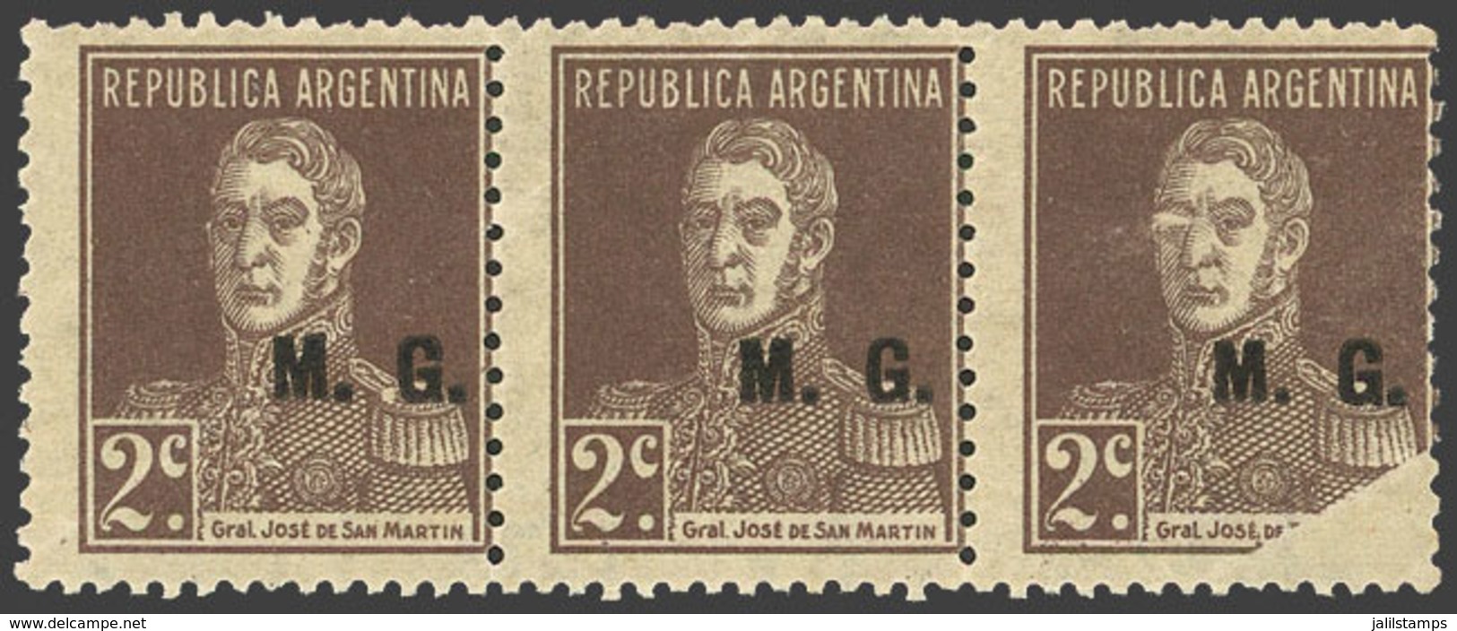 ARGENTINA: GJ.174, 2c. San Martín With Period, "M.G." Ovpt., Perf 13¼x12½, Strip Of 3, One With Variety: Partial Impress - Officials