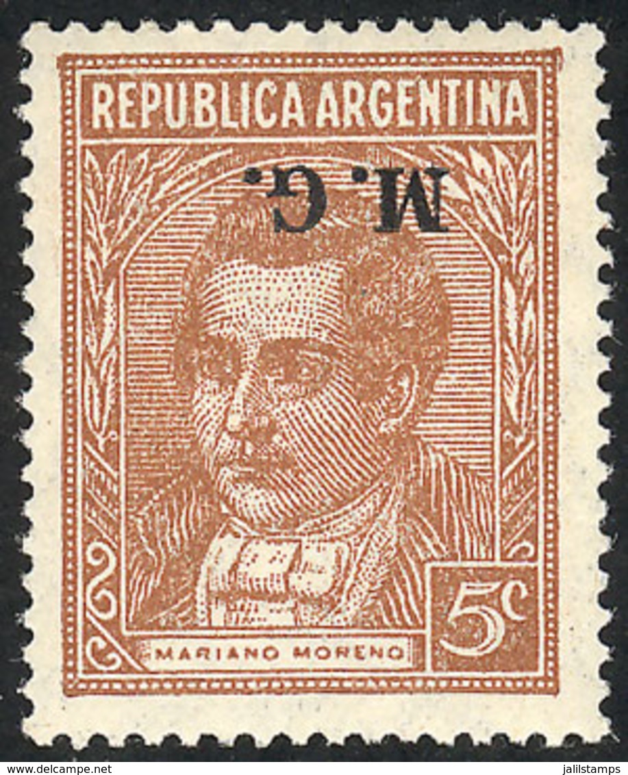 ARGENTINA: GJ.213a, 5c. Moreno, "M.G." Ovpt., With Variety: Inverted Overprint, VF Quality" - Oficiales