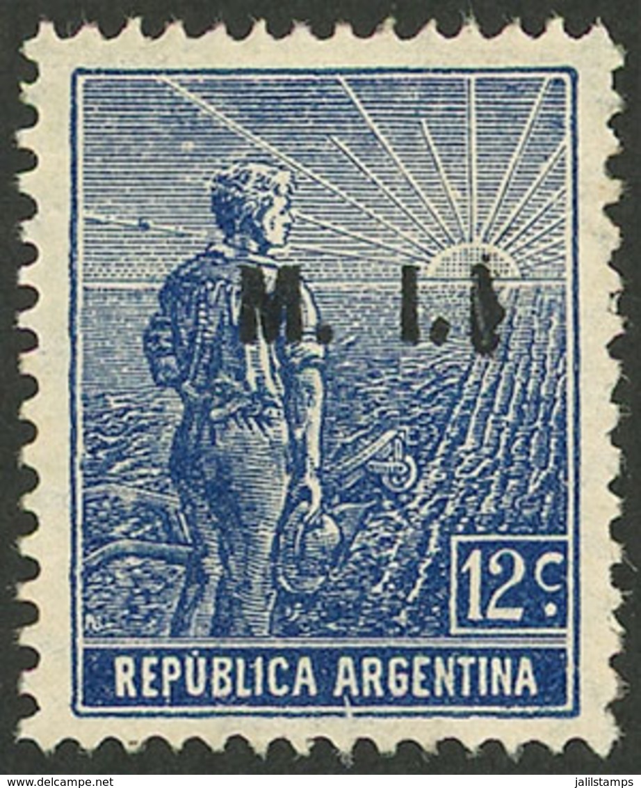 ARGENTINA: GJ.360a, 12c. Plowman, On Italian Paper With Horizontal Honeycomb Wmk, "M.I." Ovpt. With A Second Added "I",  - Service