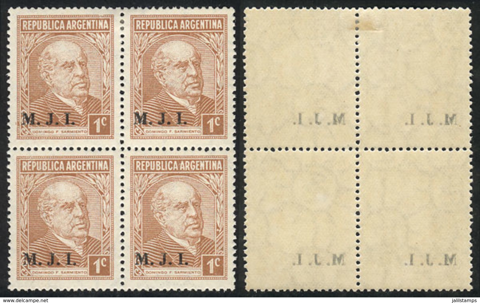 ARGENTINA: GJ.434, 1c. Sarmiento, "M.J.I." Ovpt, Block Of 4, With Variety: Offset Impression Of The Overprint On Back, A - Oficiales