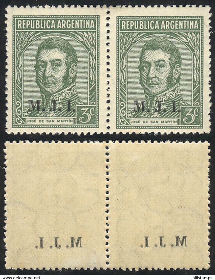 ARGENTINA: GJ.436, 3c. San Martín, "M.J.I." Ovpt, With Variety: Offset Impression Of The Overprint On Back, VF Quality" - Officials