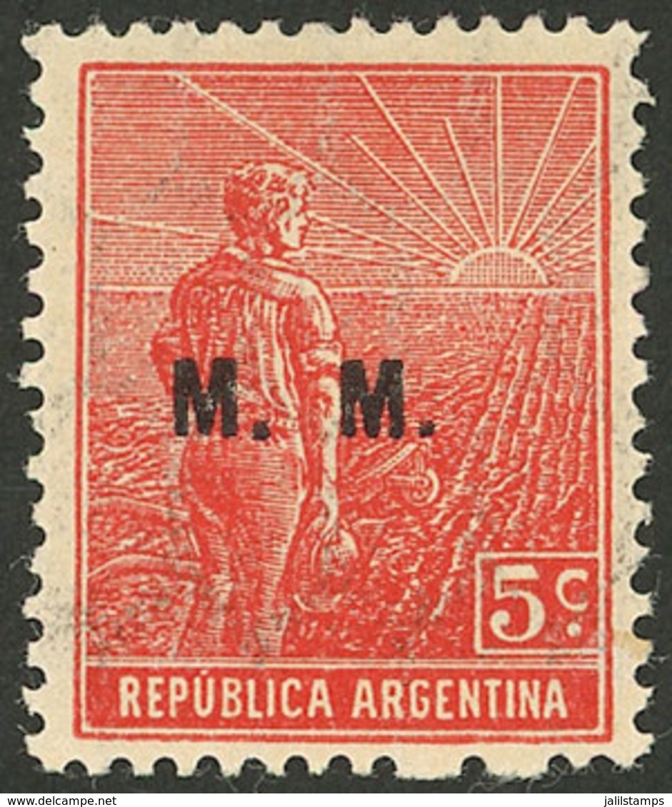 ARGENTINA: GJ.456, 5c. Plowman, "M.M." Ovpt., Italian Paper With Vertical Honeycomb Wmk, Perf 13¼x12½, VF Quality" - Service