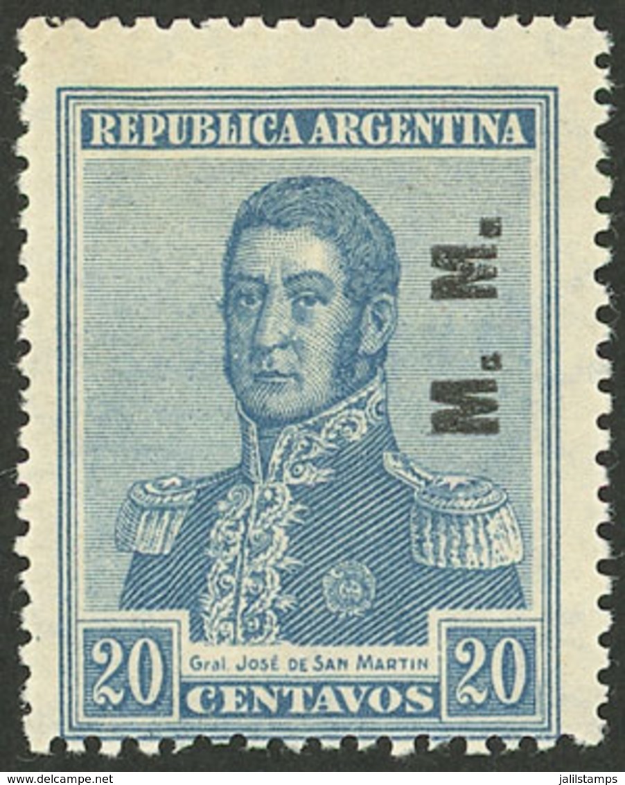 ARGENTINA: GJ.480, 20c. San Martín, "M.M." Ovpt., Round Sun Wmk, VF Quality" - Oficiales