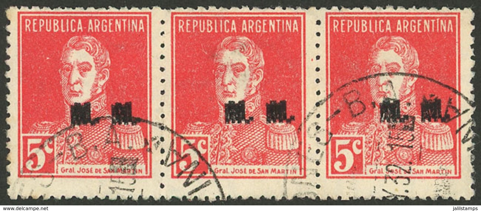 ARGENTINA: GJ.493a, 5c. San Martín W/o Period, "M.M." Ovpt., Double Overprint Var., Used Strip Of 3, VF, Extremely Rare! - Officials