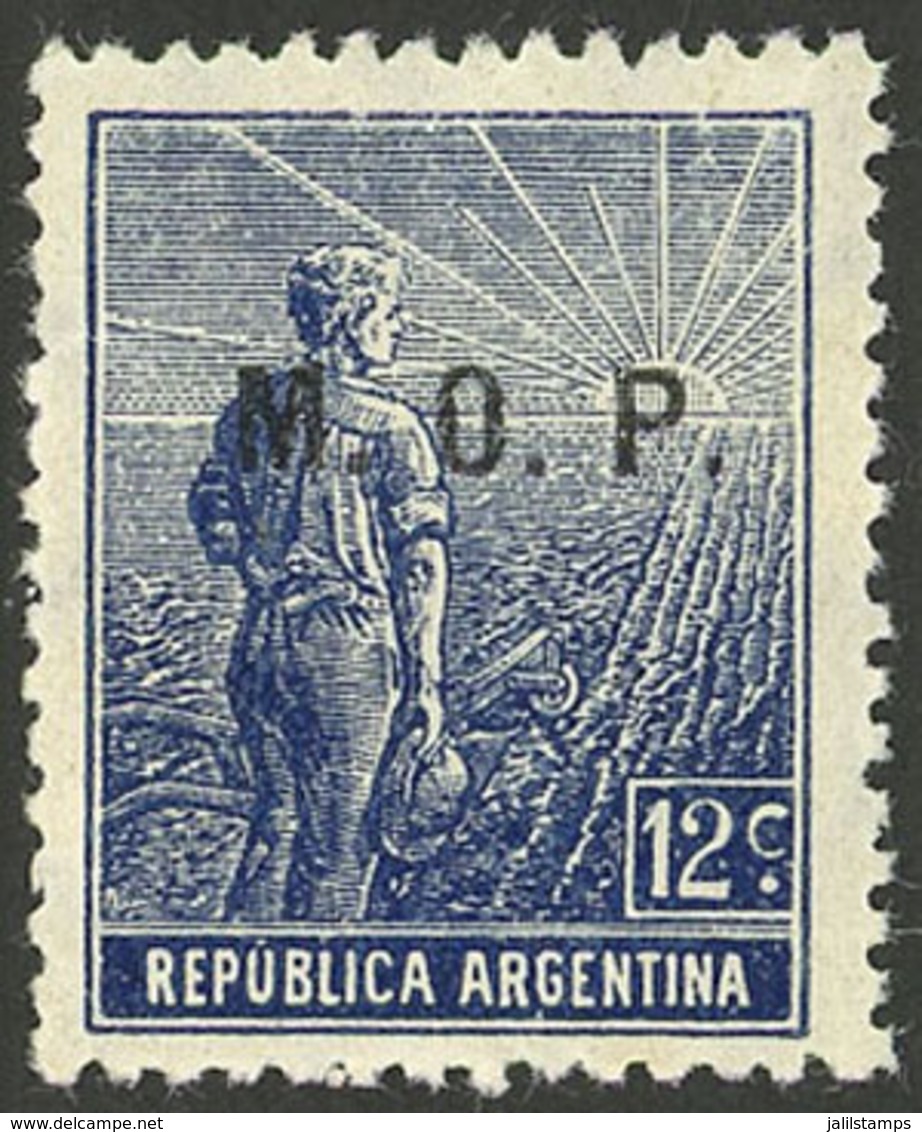 ARGENTINA: GJ.524, 12c. Plowman, "M.O.P." Overprint, Perf 13¼, VF" - Service