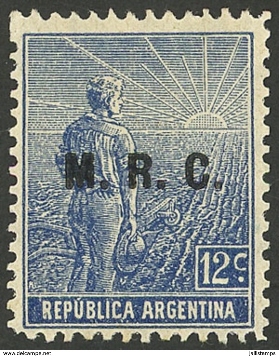 ARGENTINA: GJ.579, 12c. Labrador, "M.R.C." Ovpt., German Paper With Vertical Honeycomb Wmk, Perf 13¼, VF" - Service