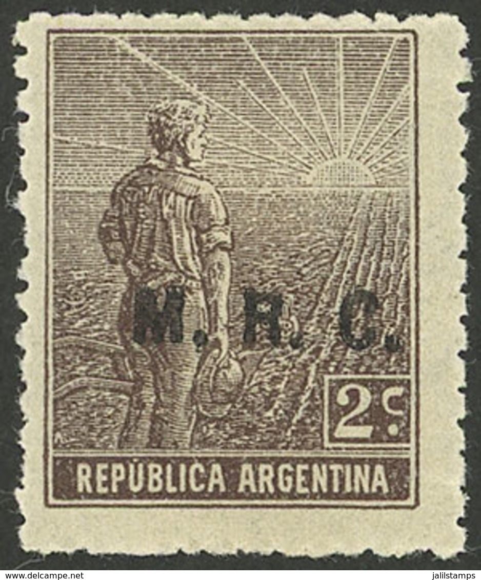 ARGENTINA: GJ.589, 2c. San Martín, "M.R.C." Ovpt., Round Sun Wmk, VF" - Oficiales