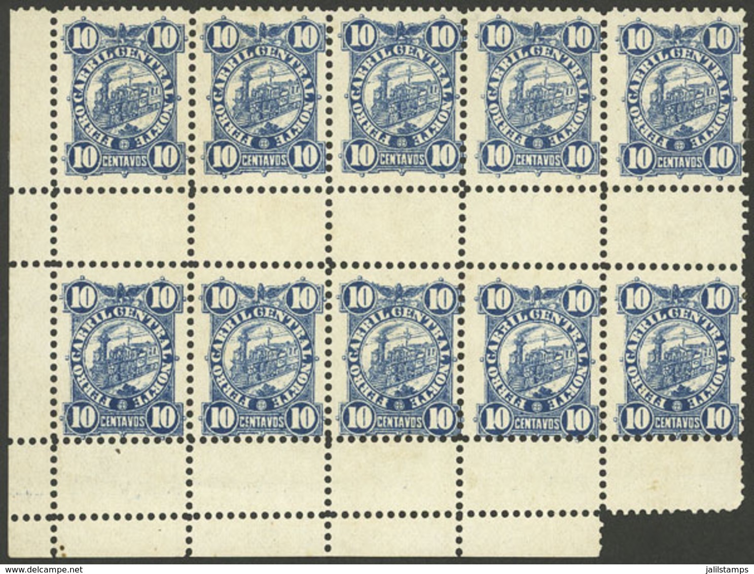 ARGENTINA: GJ.59 + 59A, 10c. Ferrocarril Central Norte, Block Of 10 Stamps, One With Letter Wmk, Sheet Corner, VF Qualit - Télégraphes