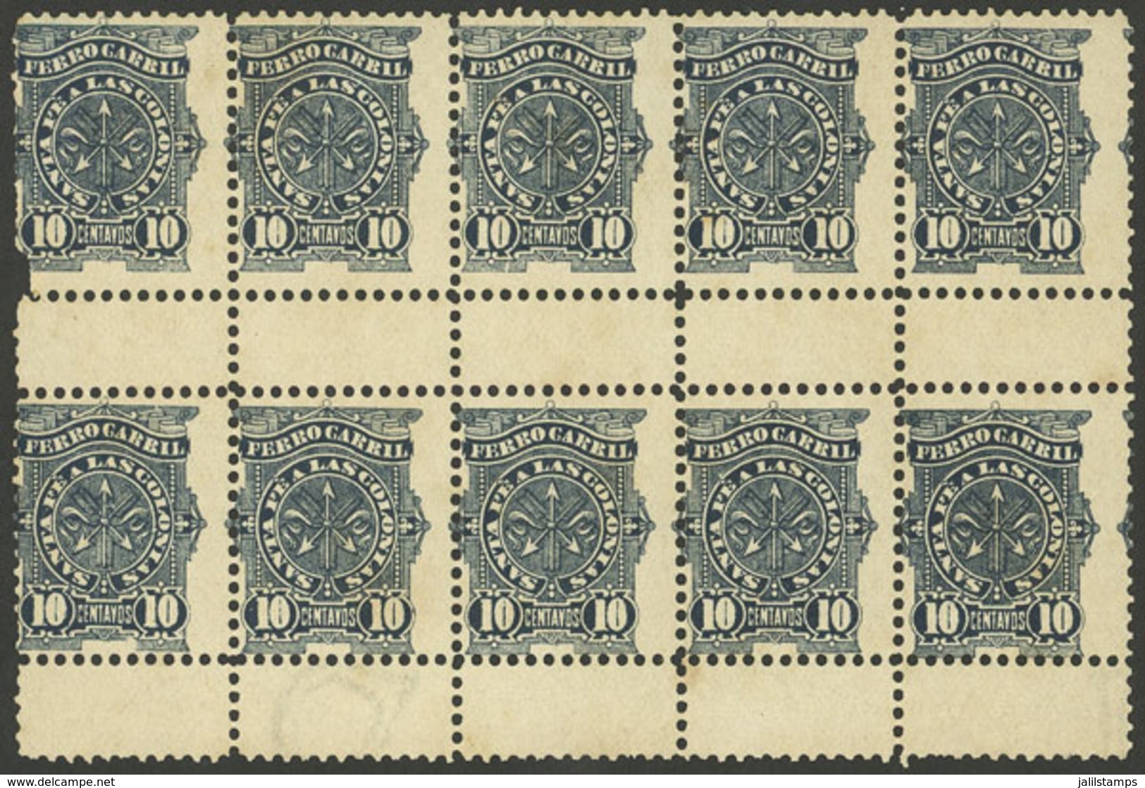 ARGENTINA: GJ.65, 10c. Ferrocarril Santa Fe A Las Colonias, Block Of 10 Stamps, VF Quality - Telegraph