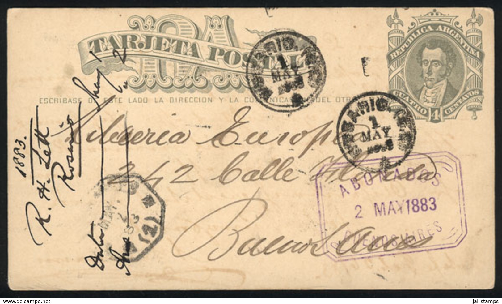 ARGENTINA: 4c. Postal Card Sent To Buenos Aires On 1/MAY/1883, From Rosario, With Violet Rectangular "ABONADOS" Cancel A - Cartas & Documentos