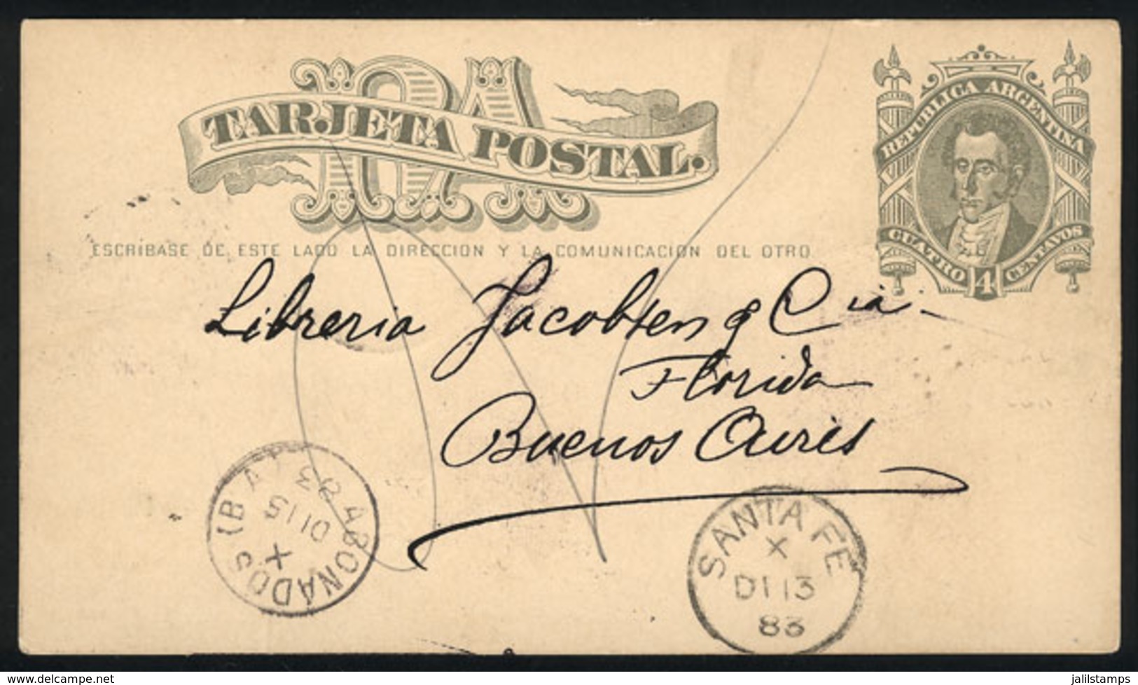 ARGENTINA: 4c. Postal Card Sent To Buenos Aires On 13/DE/1883, With Datestamp Of SANTA FE And Arrival Marks, VF Quality - Covers & Documents