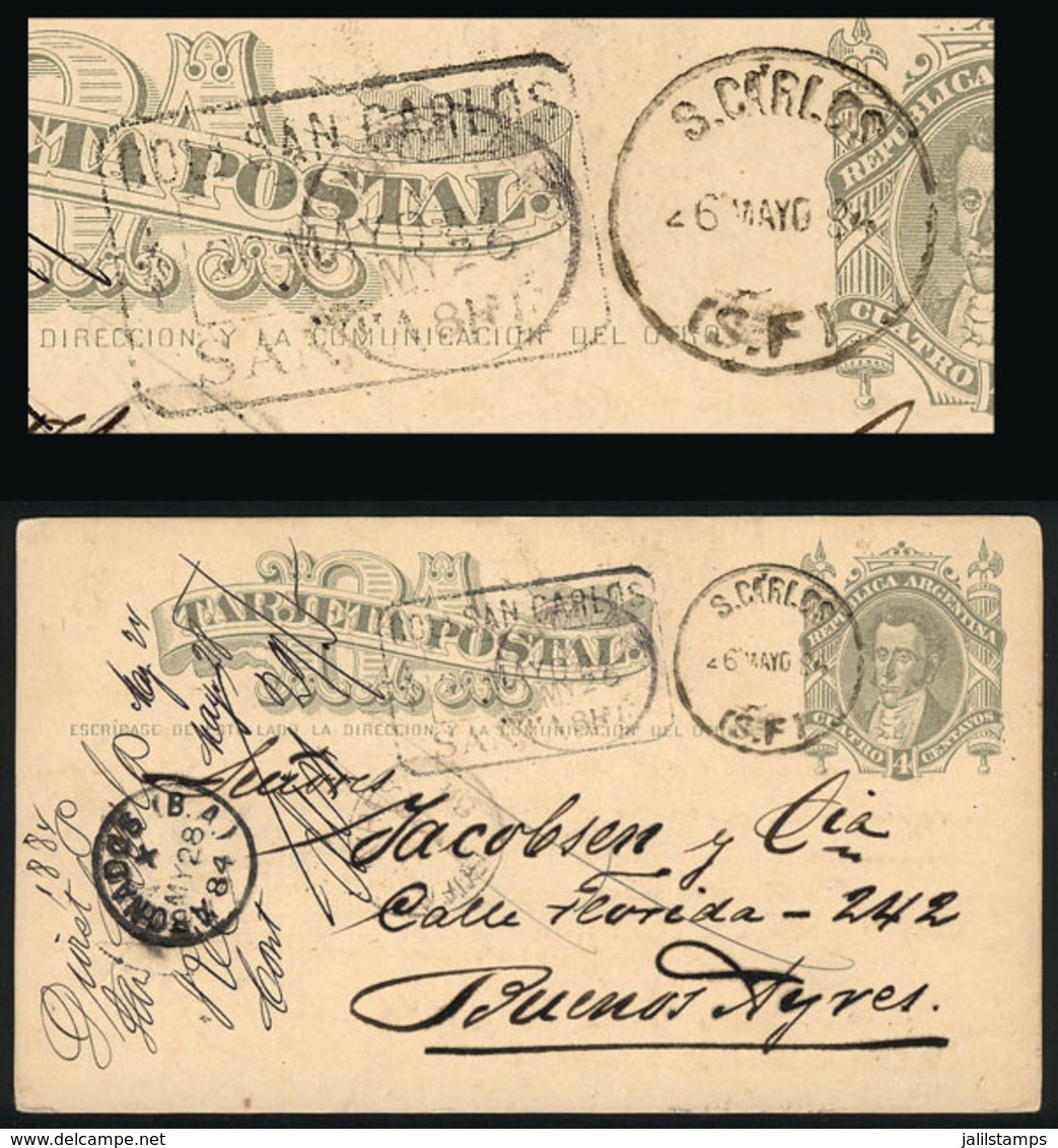 ARGENTINA: 4c. Postal Card Sent To Buenos Aires On 26/MAY/1884, With 2 Datestamps Of San Carlos (Santa Fe), One Rectangu - Lettres & Documents