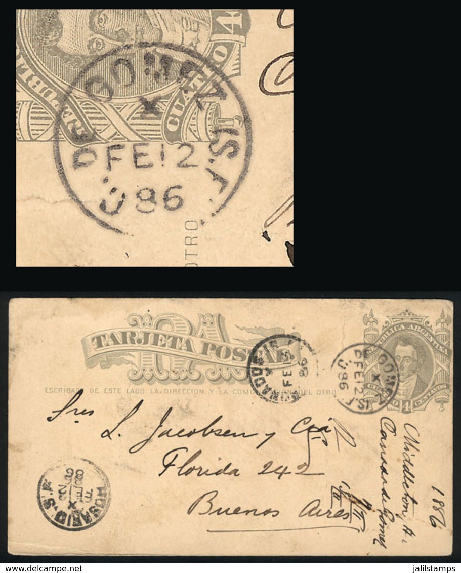 ARGENTINA: 4c. Postal Card Sent To Buenos Aires On 12/FE/1886, With Datestamp Of CAÑADA DE GOMEZ (Santa Fe), With Arriva - Storia Postale