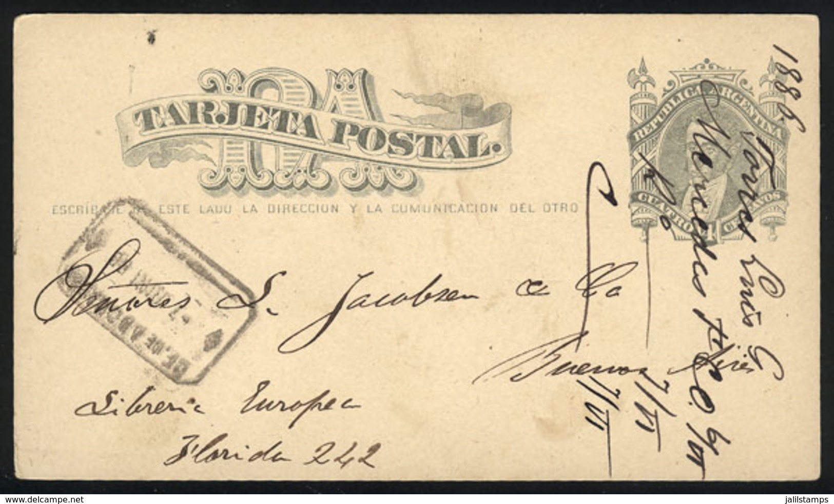 ARGENTINA: 4c. Postal Card Sent To Buenos Aires On 6/JUN/1886, From Mercedes, No Dispatching Cancel But With Arrival Mar - Cartas & Documentos