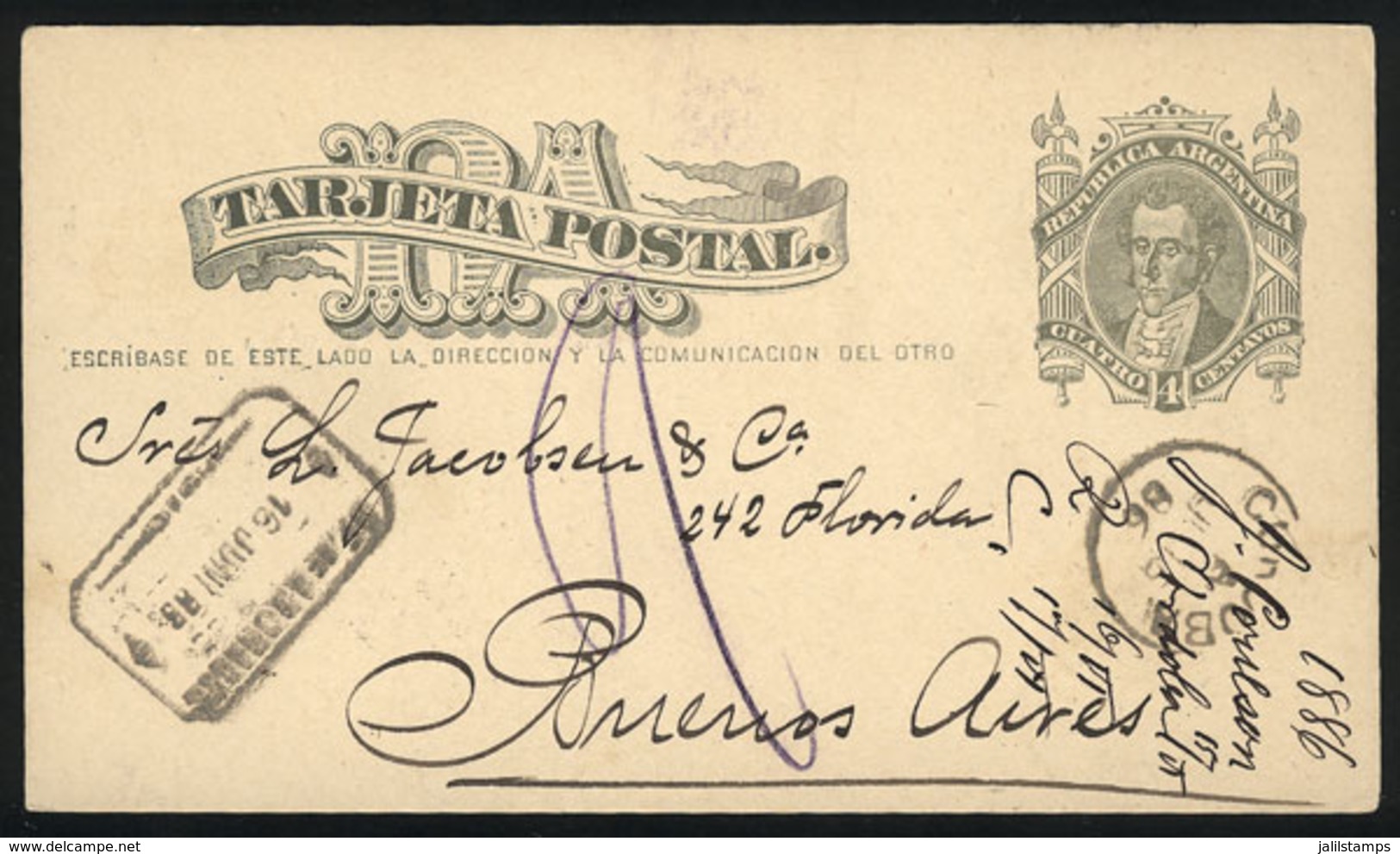 ARGENTINA: 4c. Postal Card Sent To Buenos Aires On 15/JUN/1886, With Datestamp Of CÓRDOBA And Arrival Marks, VF Quality - Lettres & Documents