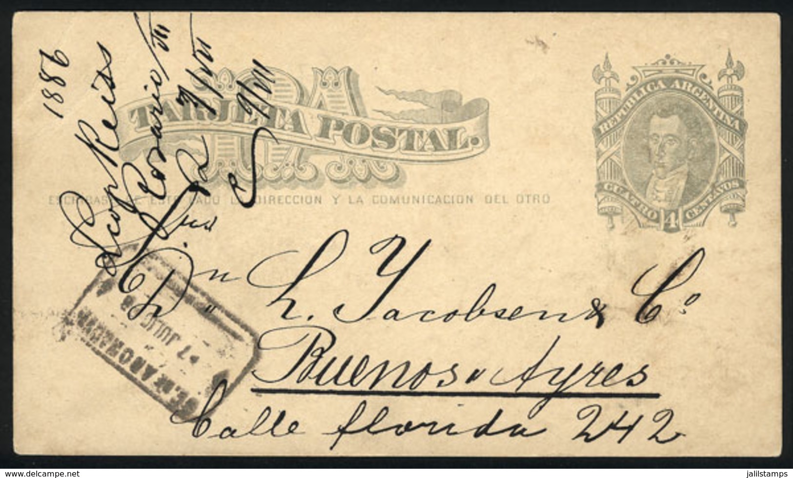 ARGENTINA: 4c. Postal Card Sent To Buenos Aires In JUL/1886, From Rosario, No Dispatching Cancel But With Arrival Marks, - Cartas & Documentos