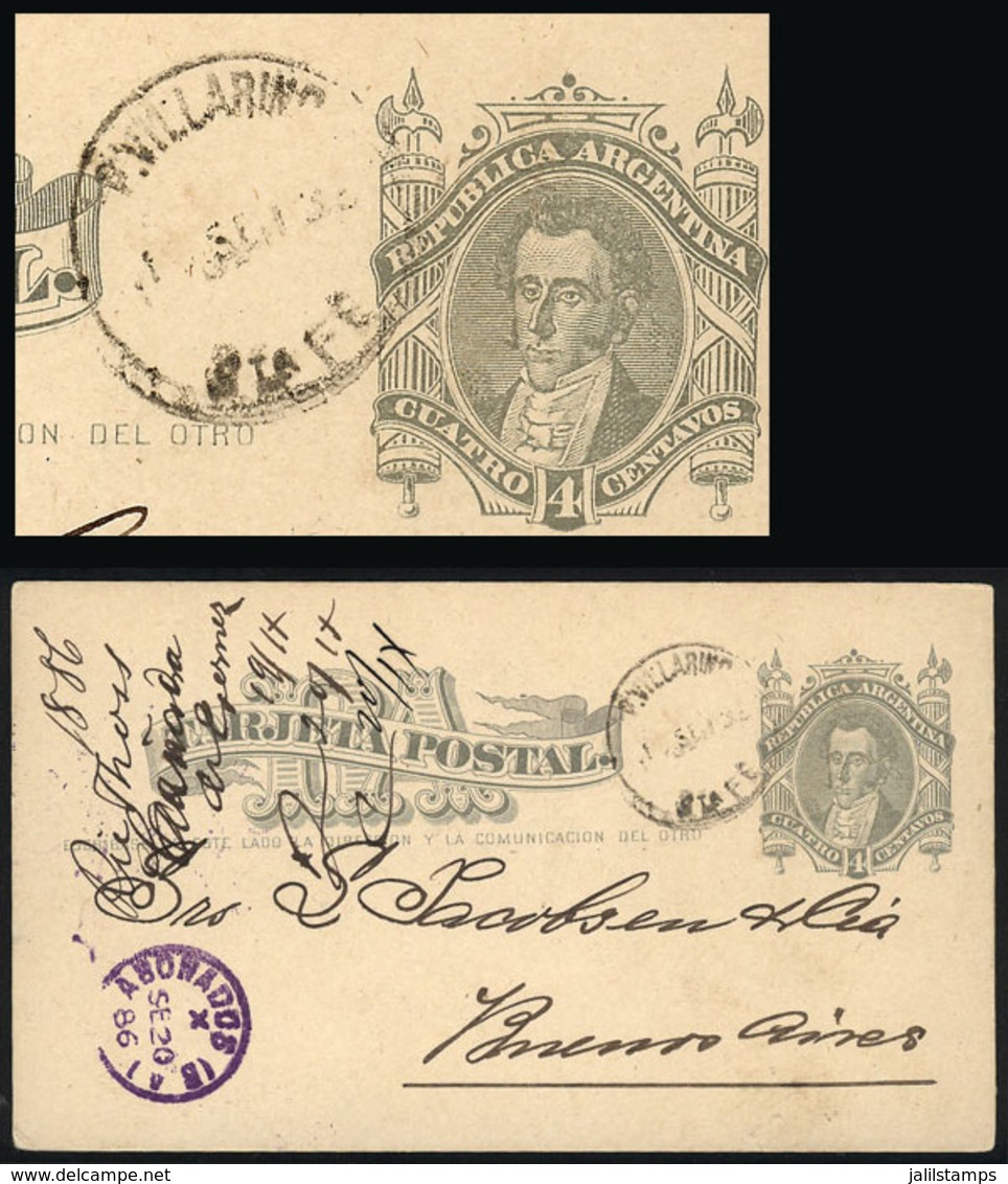 ARGENTINA: 4c. Postal Card Sent To Buenos Aires On 19/SE/1886, With Datestamp Of P.VILLARINO (Santa Fe) And Arrival Mark - Cartas & Documentos