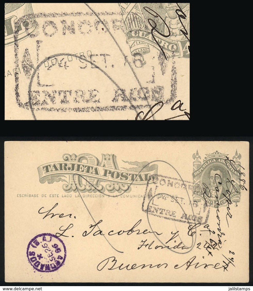 ARGENTINA: 4c. Postal Card Sent To Buenos Aires On 24/SE/1886, With Rectangular Datestamp Of CONCORDIA And Arrival Marks - Lettres & Documents