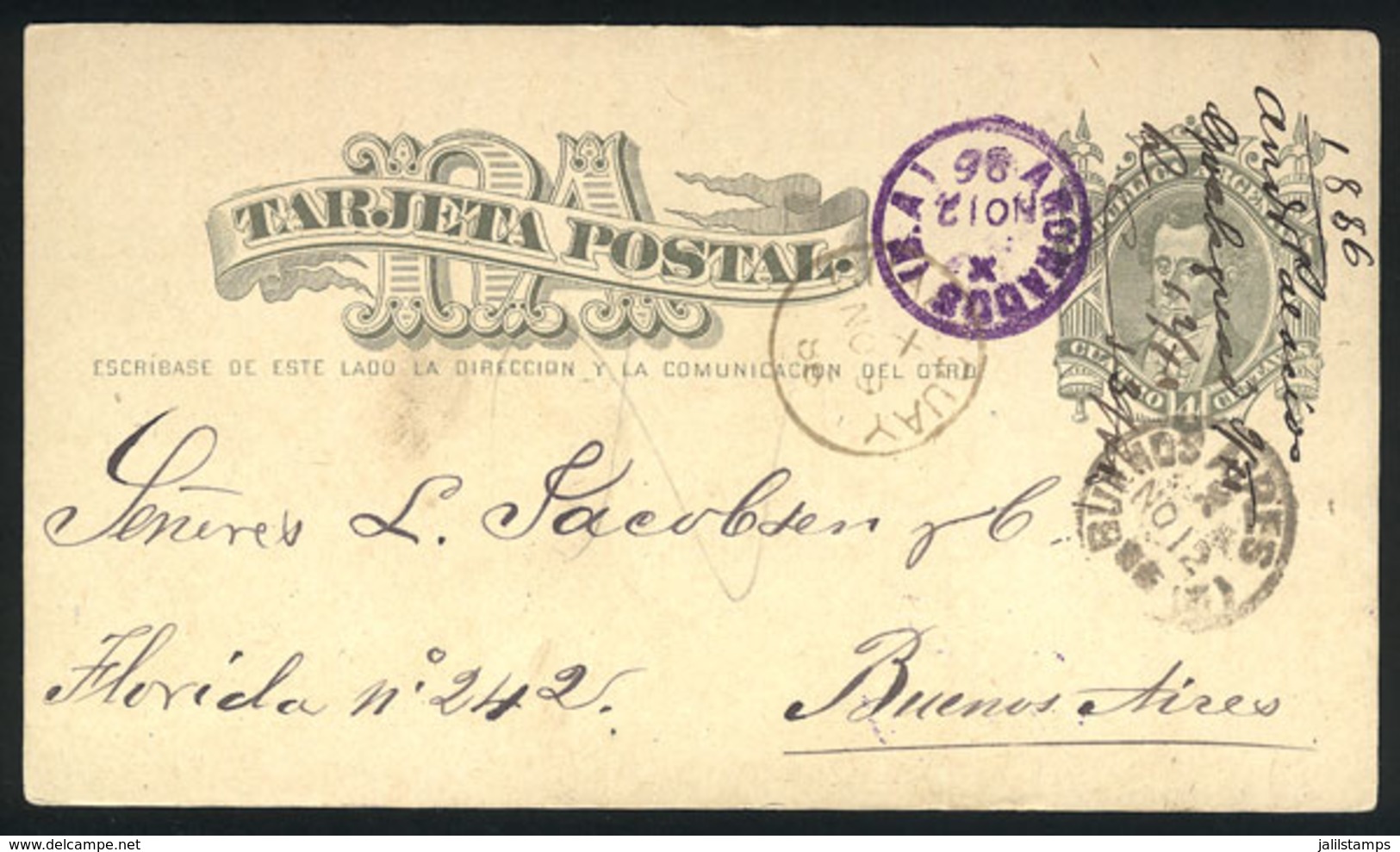ARGENTINA: 4c. Postal Card Sent To Buenos Aires On 9/NO/1886, With Datestamp Of GUALEGUAY (Entre Ríos) And Violet Arriva - Covers & Documents