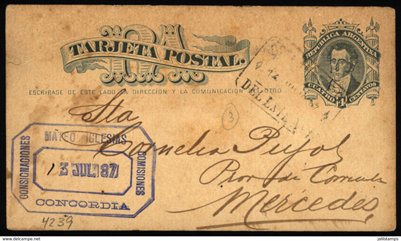 ARGENTINA: Postal Card Sent From Concordia To Mercedes (Corrientes) In JUL/1887, Cancelled "E AMBULANTE F.C. DEL ESTE Nº - Lettres & Documents