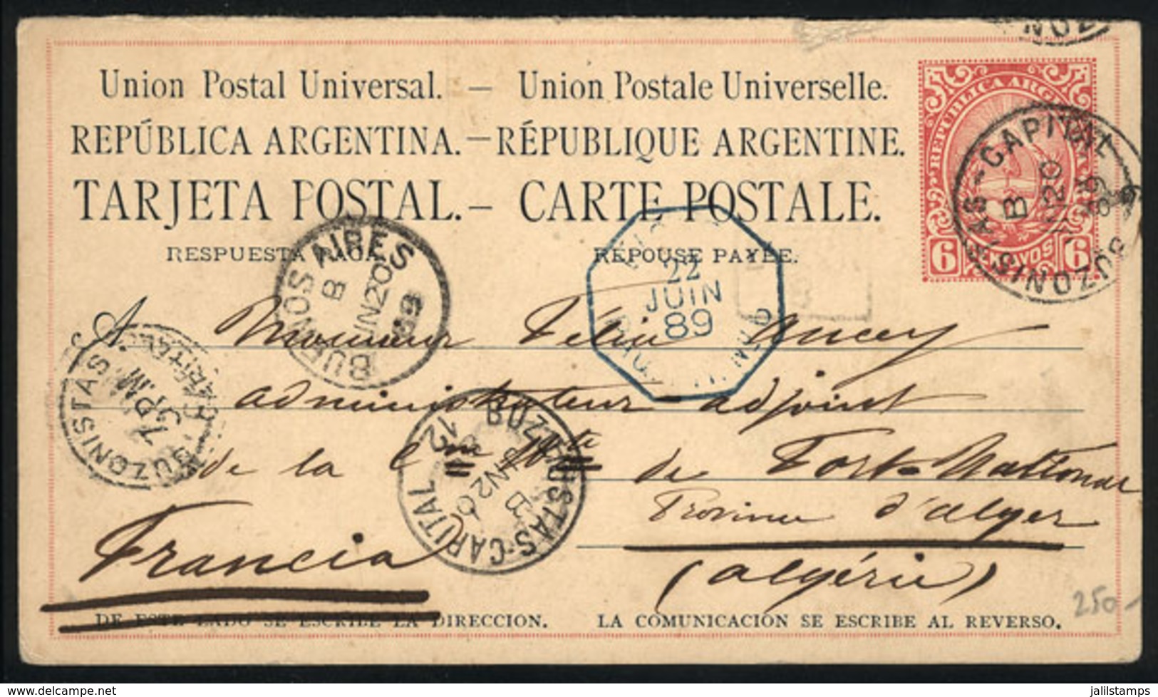 ARGENTINA: 6c. Postal Card Sent From Buenos Aires To ARGEL (ALGERIA) On 20/JUN/1889, With Marseille Transit Cancel, VF Q - Lettres & Documents