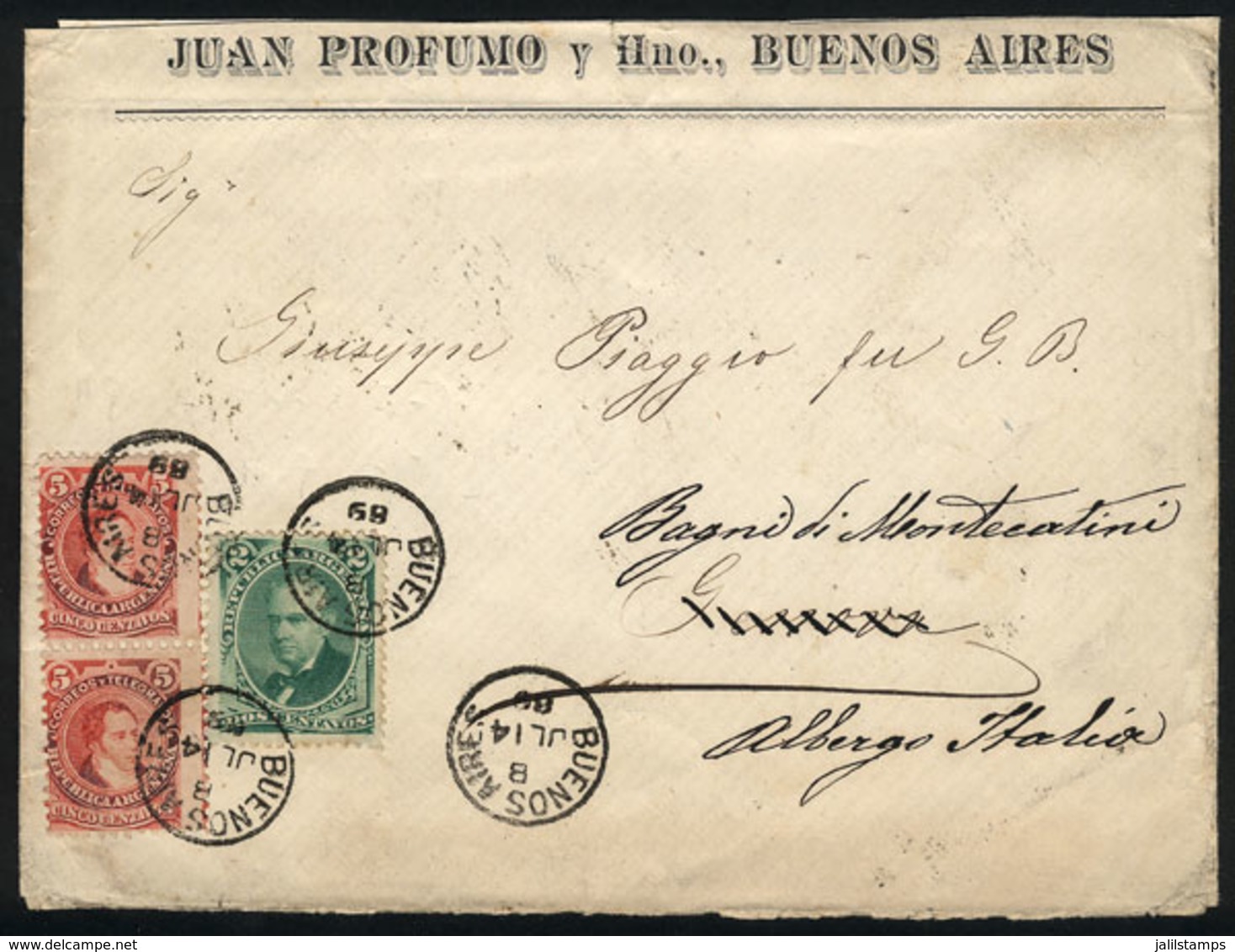 ARGENTINA: Cover Franked With 2c. Vicente López (GJ.53) And Pair Of 5c. Rivadavia (GJ.105) (total Postage 12c.), Sent Fr - Storia Postale