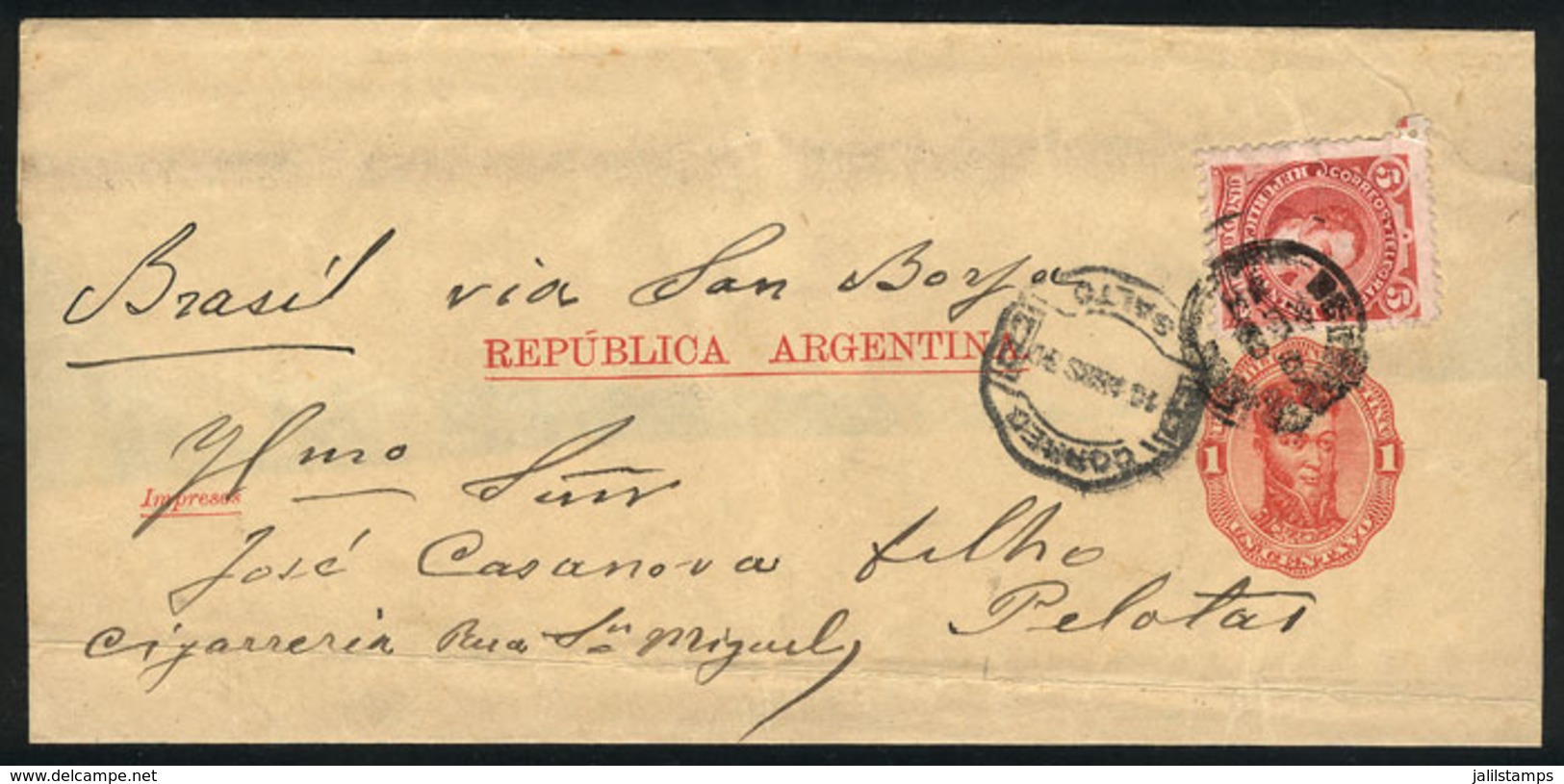 ARGENTINA: 1c. Wrapper Updated With 5c. Rivadavia (GJ.105) (total Postage 6c.), Sent From Buenos Aires To Pelotas (Brazi - Lettres & Documents