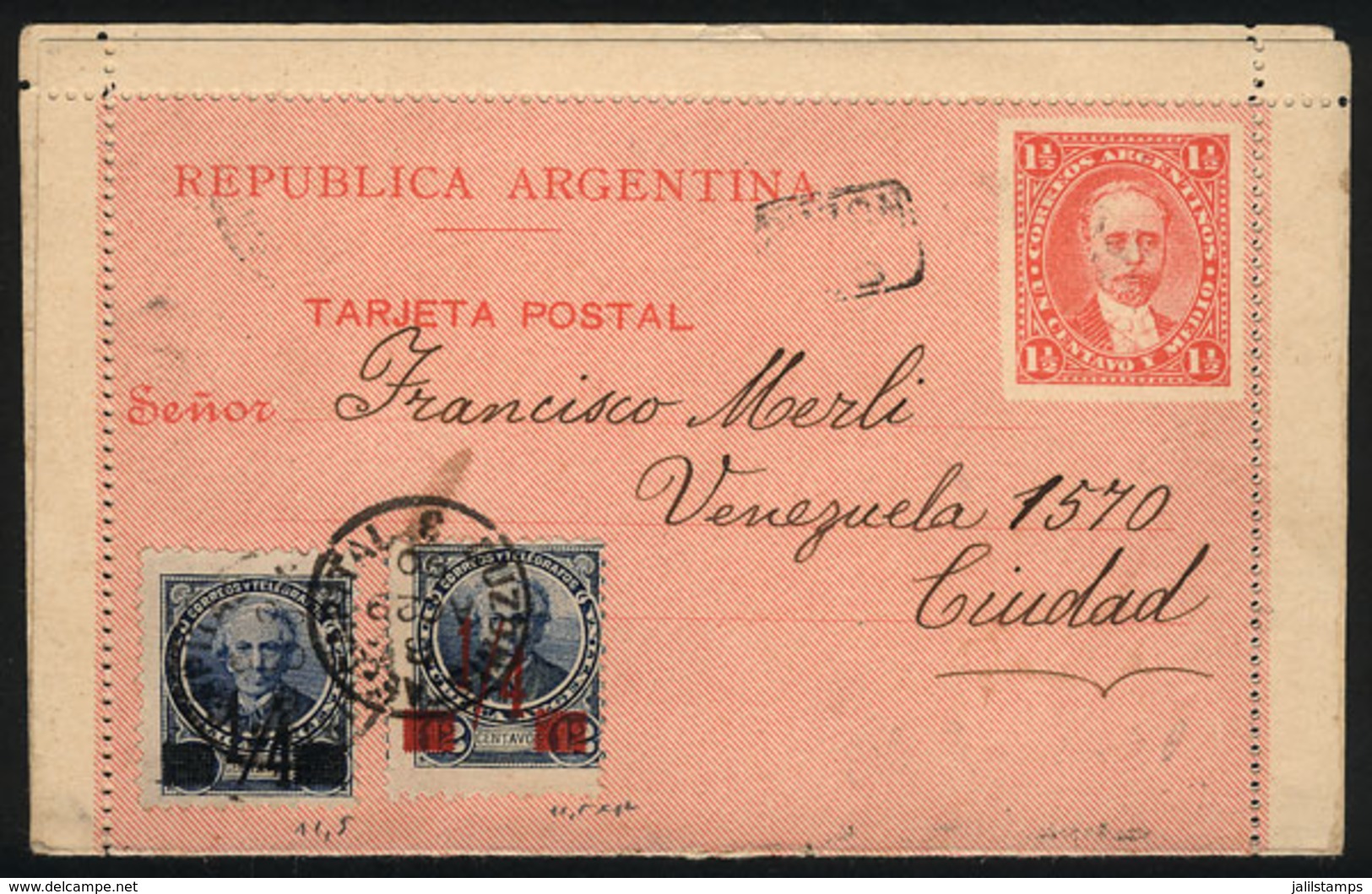 ARGENTINA: 1½c. Lettercard (VK.3) Uprated With ¼ On 12c. Alberdi Black Overprint Perf 11½x12 (GJ.133) + ¼ On 12c. Alberd - Covers & Documents