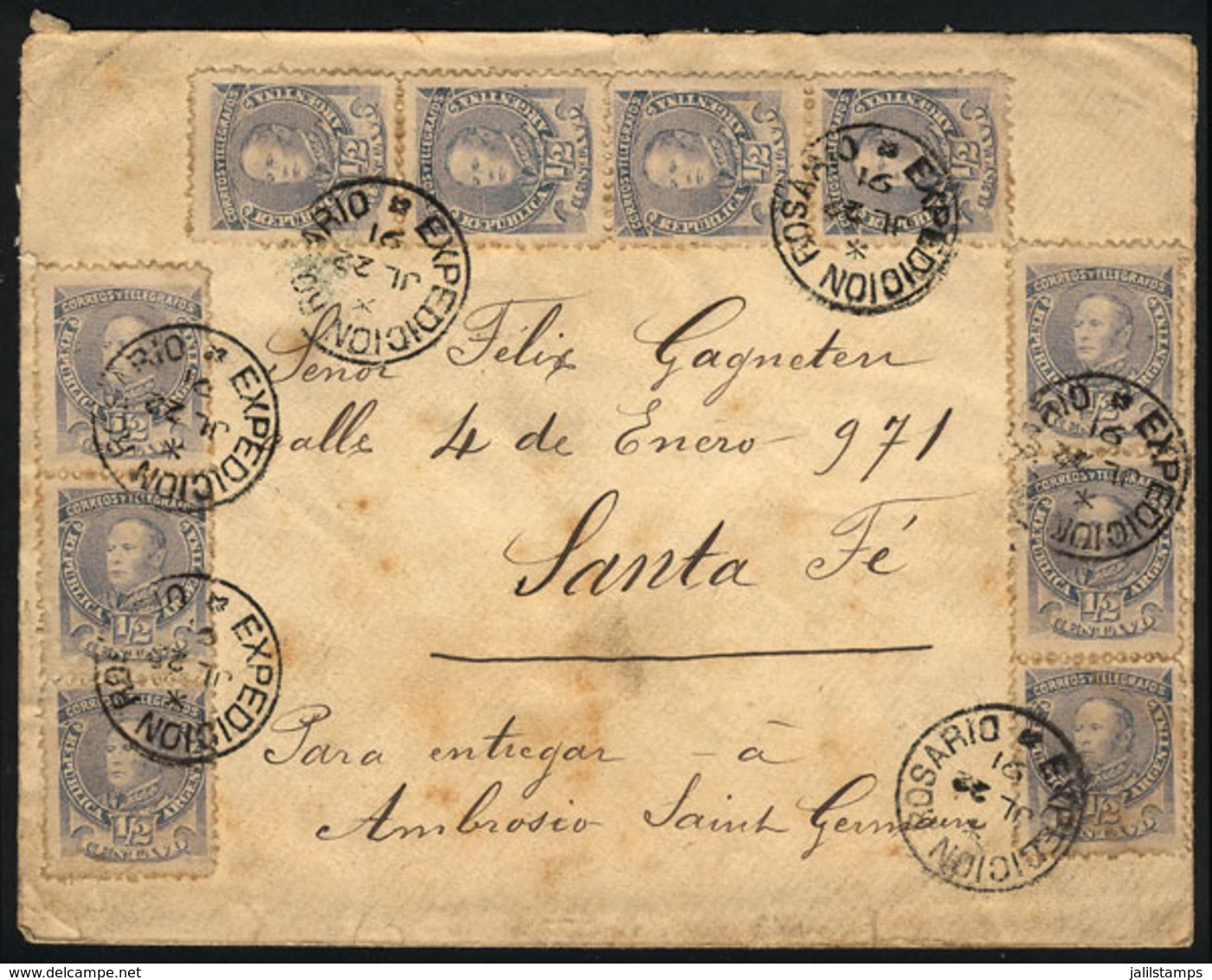 ARGENTINA: Cover Sent From Rosario To Santa Fe On 22/JUL/1892, Franked With 10 Stamps Of ½c. Urquiza (GJ.97A) (total Pos - Lettres & Documents