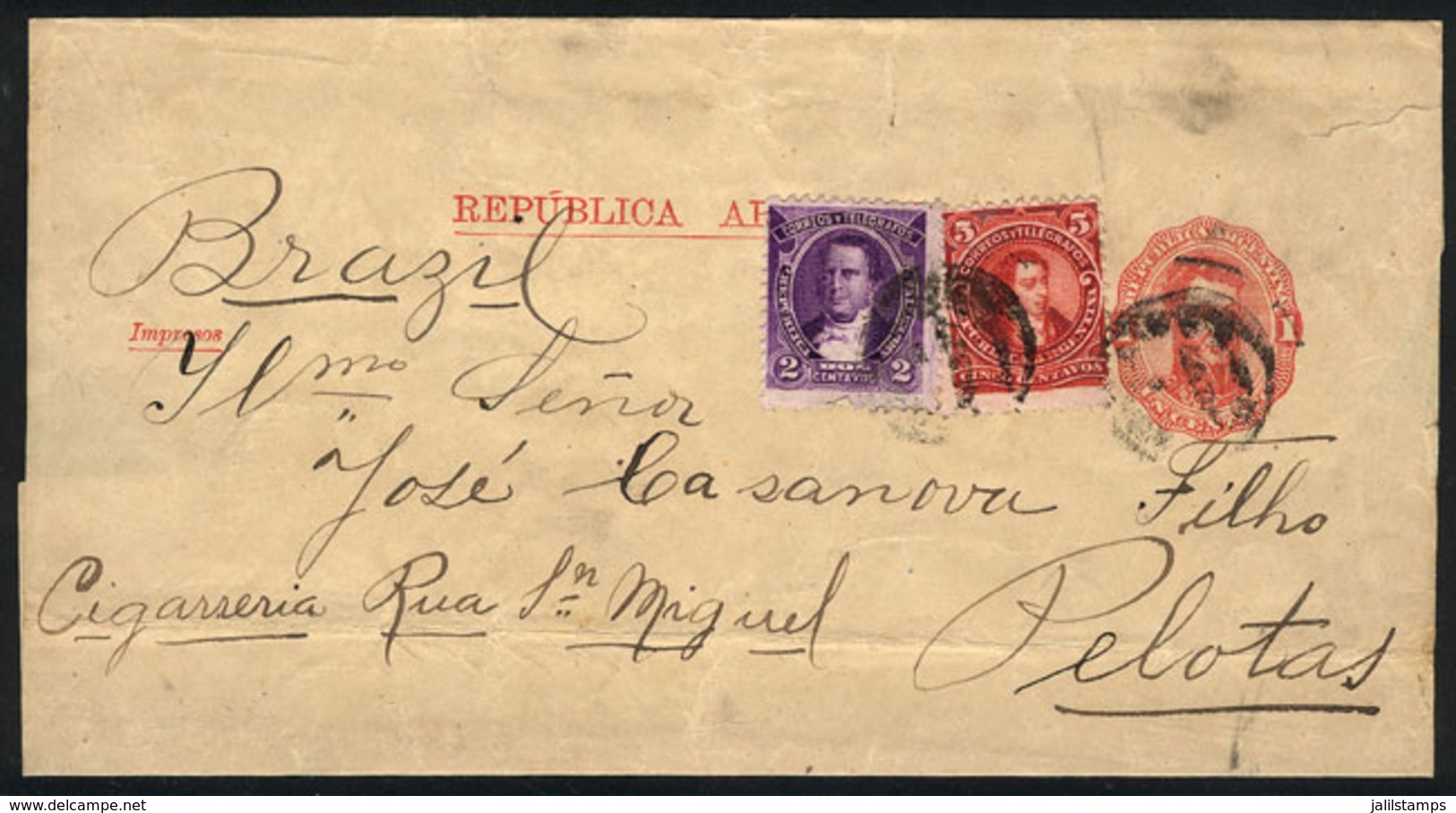 ARGENTINA: 1c. Wrapper Uprated With 5c. Rivadavia Type II, Perf 11½ X 12 (GJ.126) And 2c. Derqui Perf 11½ X 12 (GJ.123), - Storia Postale