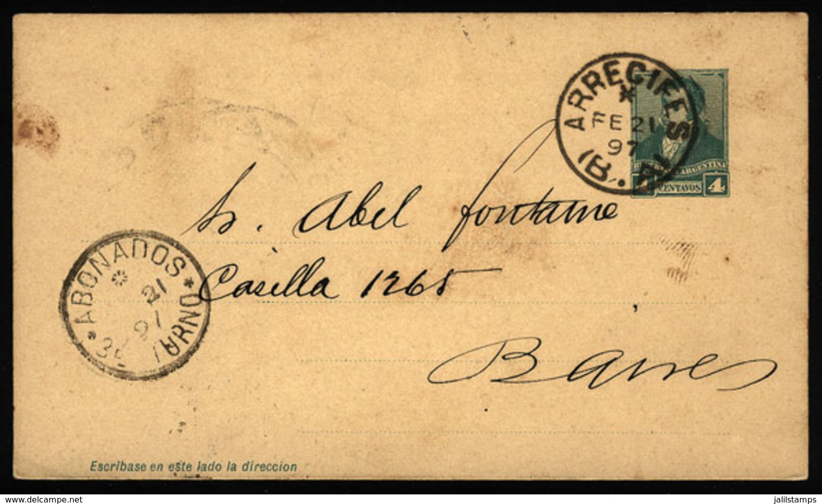 ARGENTINA: Postal Card Sent From "ARRECIFES" (Buenos Aires) To Buenos Aires City On 27/FE/1897, VF Quality" - Covers & Documents