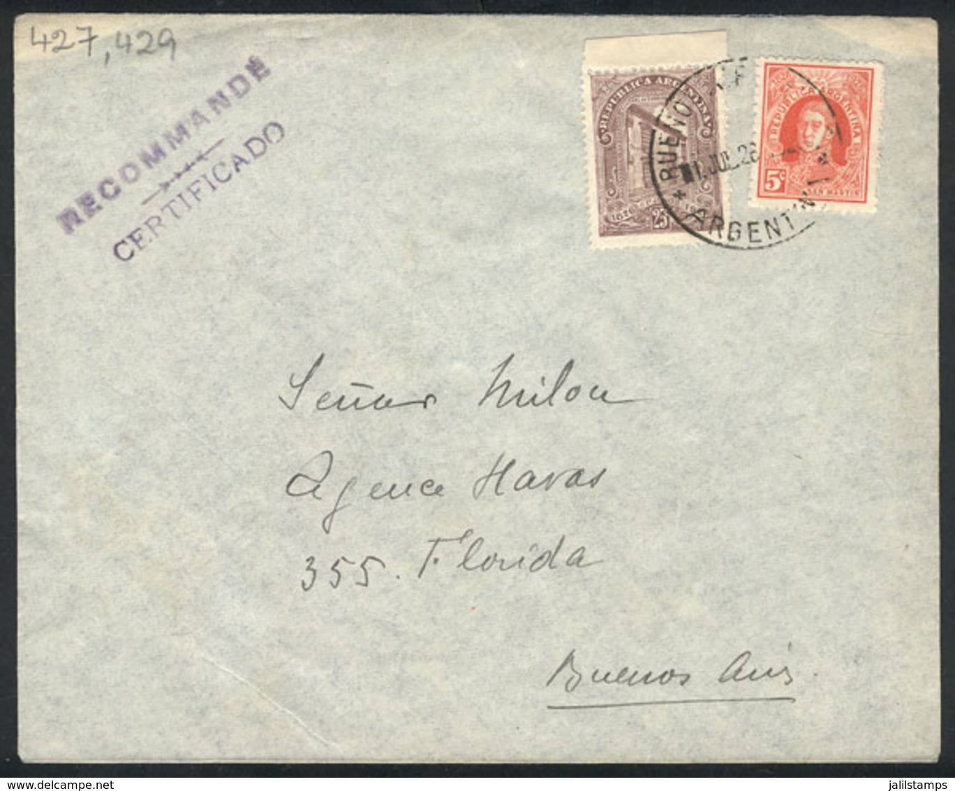 ARGENTINA: Registered Cover Used In Buenos Aires On 1/JUL/1926 (day Of Issue), Franked With 5c And 25c. Mail Centenary ( - Briefe U. Dokumente