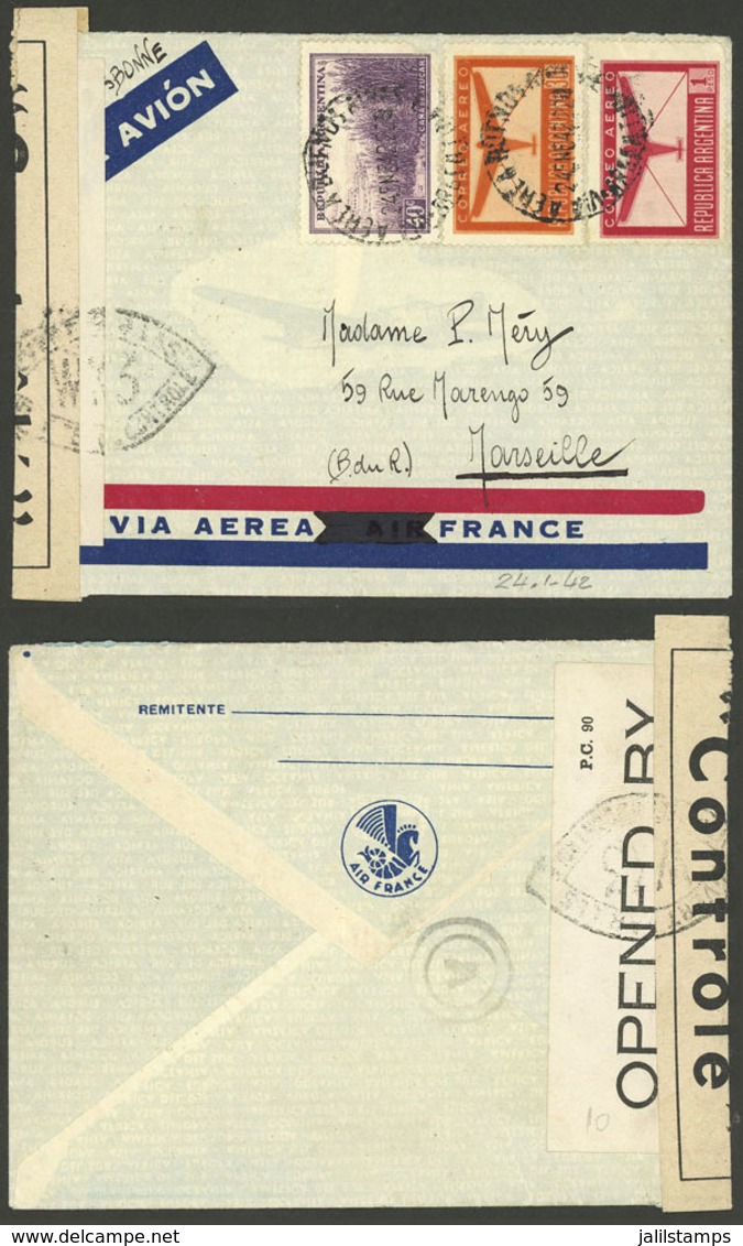 ARGENTINA: Airmail Cover Sent From Buenos Aires To Marseille (France) On 24/JA/1942, Franked With 40c. Sugar Cane + 30c. - Cartas & Documentos