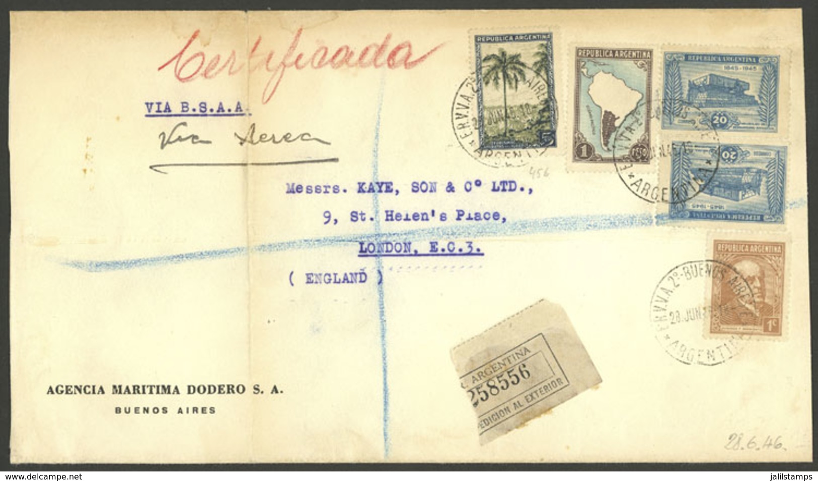 ARGENTINA: Registered Airmail Cover Sent From Buenos Aires To London On 28/JUN/1946, By BSAA, Franked With 1c., $1 And $ - Cartas & Documentos