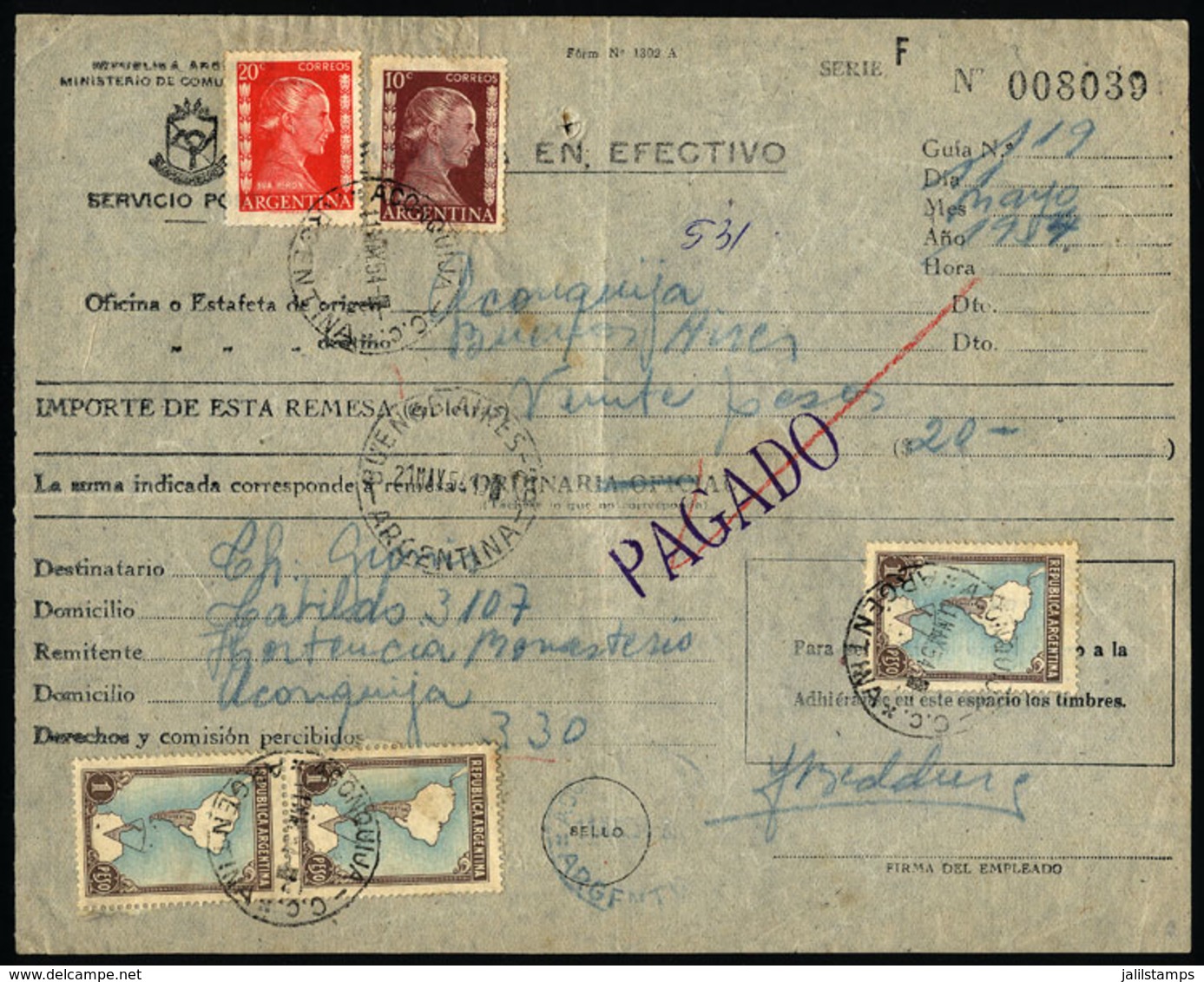 ARGENTINA: Postal Money Order Sent On 11/MAY/1954 To Buenos Aires With Postmark Of "ACONQUIJA" (Catamarca), VF Quality" - Storia Postale