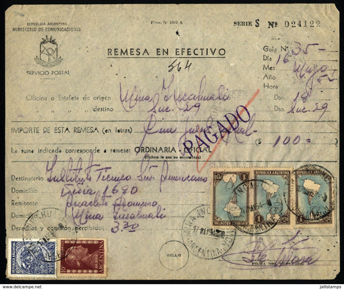 ARGENTINA: Postal Money Order Sent On 16/MAY/1954 To Buenos Aires With Postmark Of "MINA INCAHUASI" (Catamarca), VF Qual - Covers & Documents