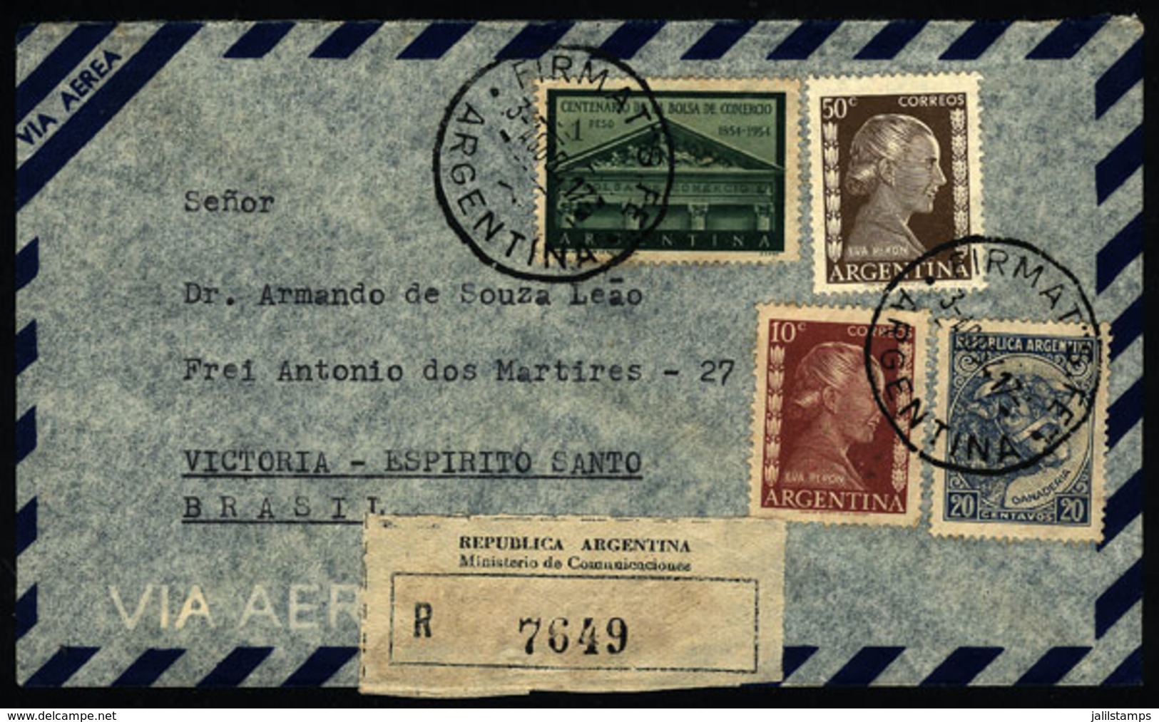 ARGENTINA: Airmail Cover Mailed On 3/AU/1954 With Postmark Of "FIRMAT" (Santa Fe) To Victoria (Brazil), VF Quality" - Lettres & Documents